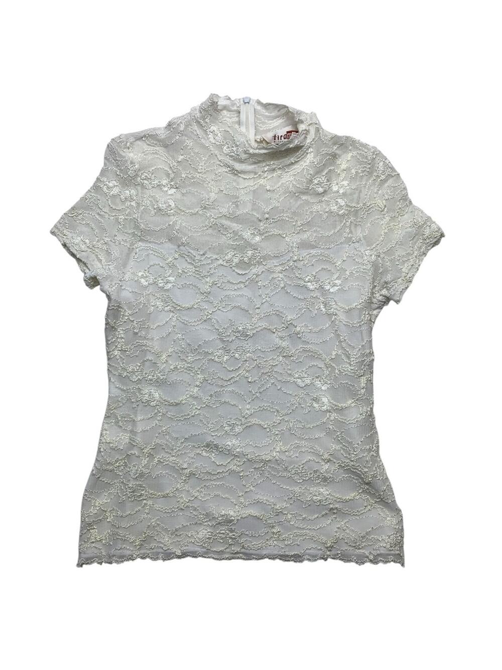 tiramisu small vintage y2k White Lace Short-Sleeve Mock Neck Top
